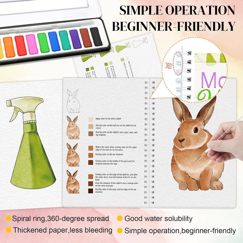 apolyone Watercolor Workbooks- 2 Pack Beginner Workbooks with 24 Coloring Book Pages - 12 Color blocks and a Brush - Watercolor Paper 300gsm/140lb - Gift for Women, Adults, Beginners (Garden & Animals) - Image 2
